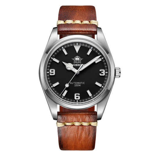ADDIESDIVE Orologio Pilota Automatico 38mm 100M (AD2112-cinturino in pelle) Nero Dail