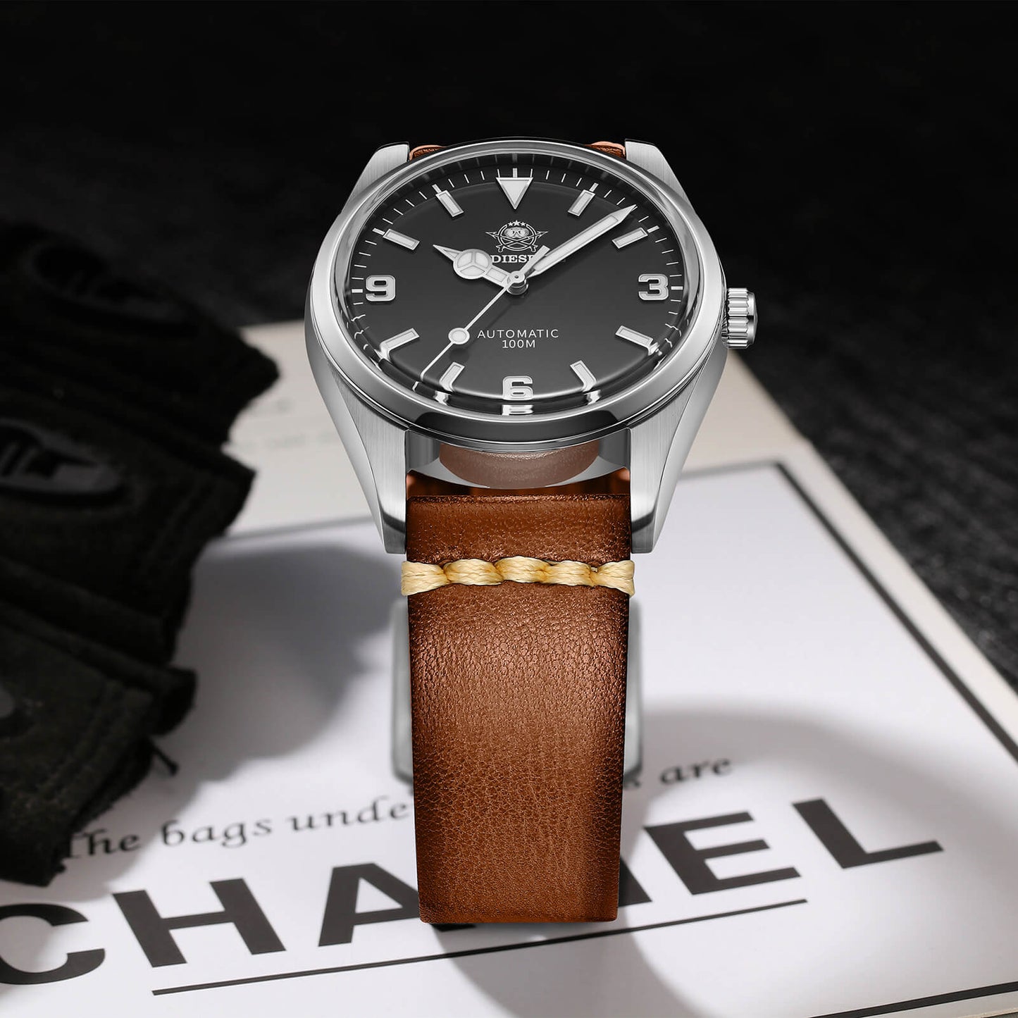 ADDIESDIVE Orologio Pilota Automatico 38mm 100M (AD2112-cinturino in pelle)