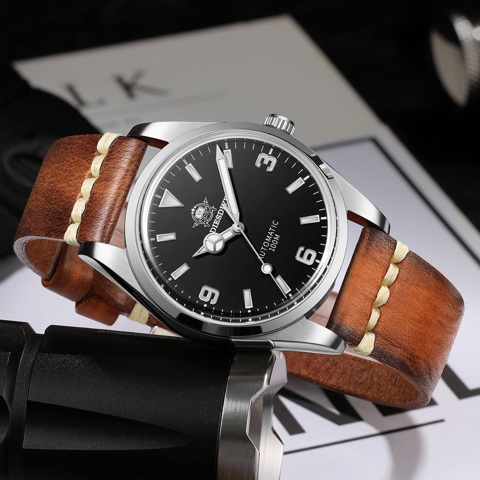 ADDIESDIVE Orologio Pilota Automatico 38mm 100M (AD2112-cinturino in pelle)