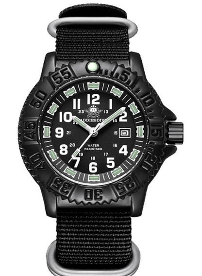 Quartz Sports Watch Men 24 Hours Luminous Black Stainless Steel Cinturino in nylon nero