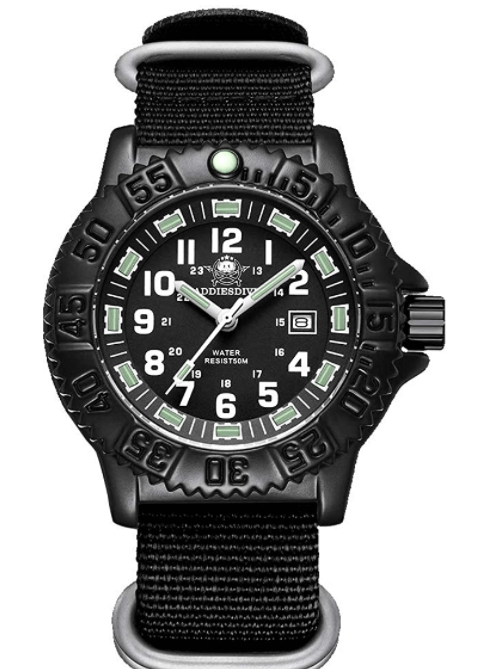 Quartz Sports Watch Men 24 Hours Luminous Black Stainless Steel Cinturino in nylon nero