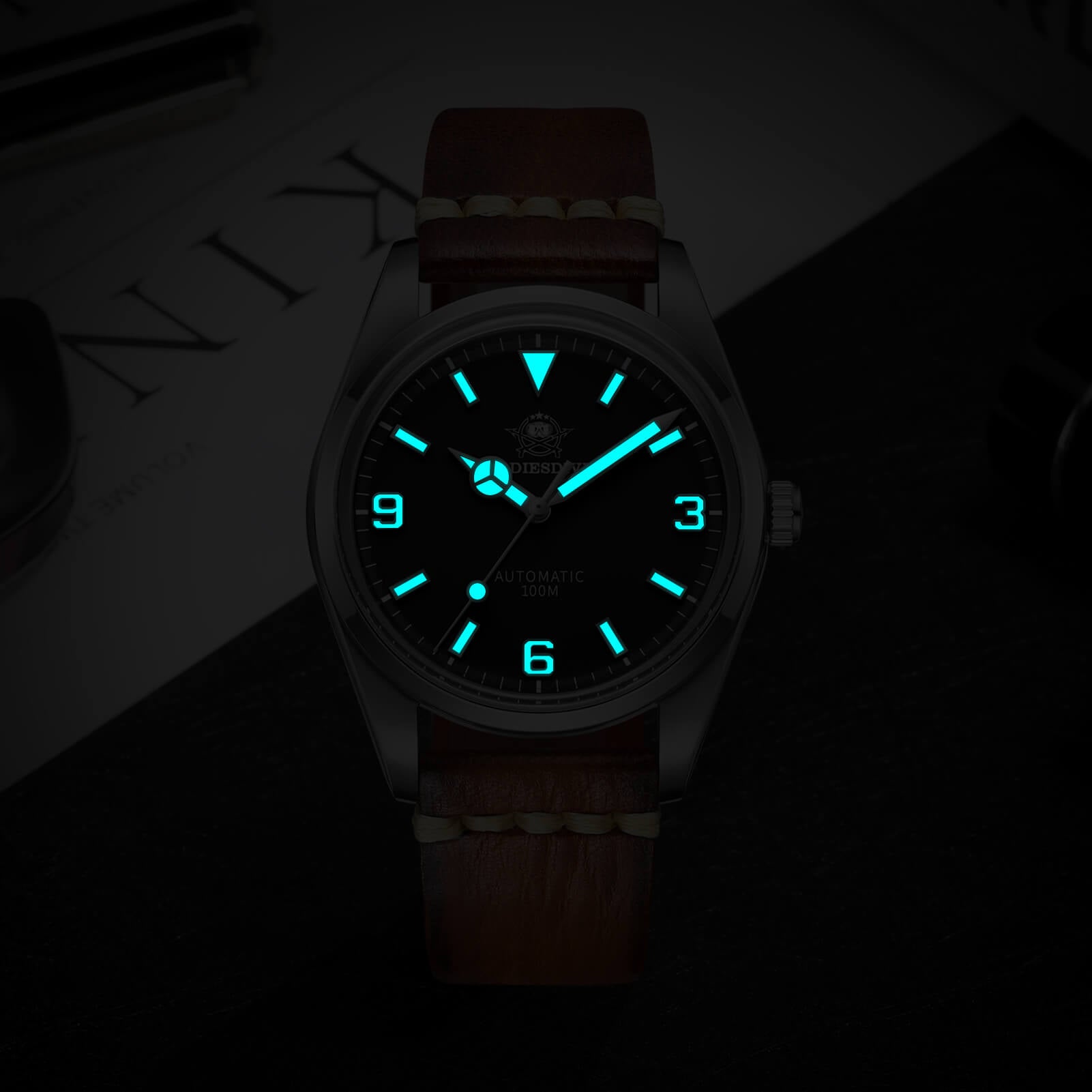 ADDIESDIVE Orologio Pilota Automatico 38mm 100M (AD2112-cinturino in pelle)