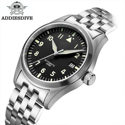<Versione sterile>ADDIESDIVE®Pilot Black Dail Elegante Orologio Automatico Uomo Diver 200M H2 cinturino in acciaio