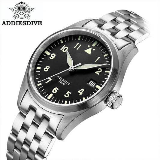 <Versione sterile>ADDIESDIVE®Pilot Black Dail Elegante Orologio Automatico Uomo Diver 200M H2 cinturino in acciaio