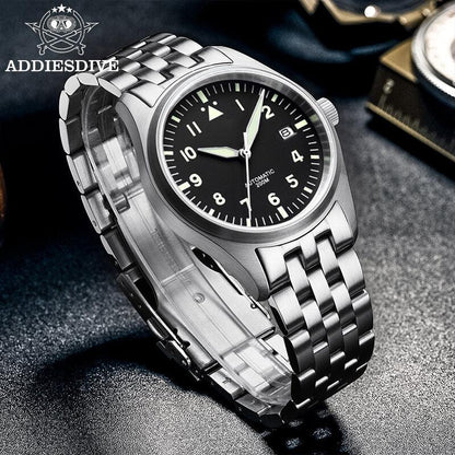 <Versione sterile>ADDIESDIVE®Pilot Black Dail Elegante Orologio Automatico Uomo Diver 200M H2