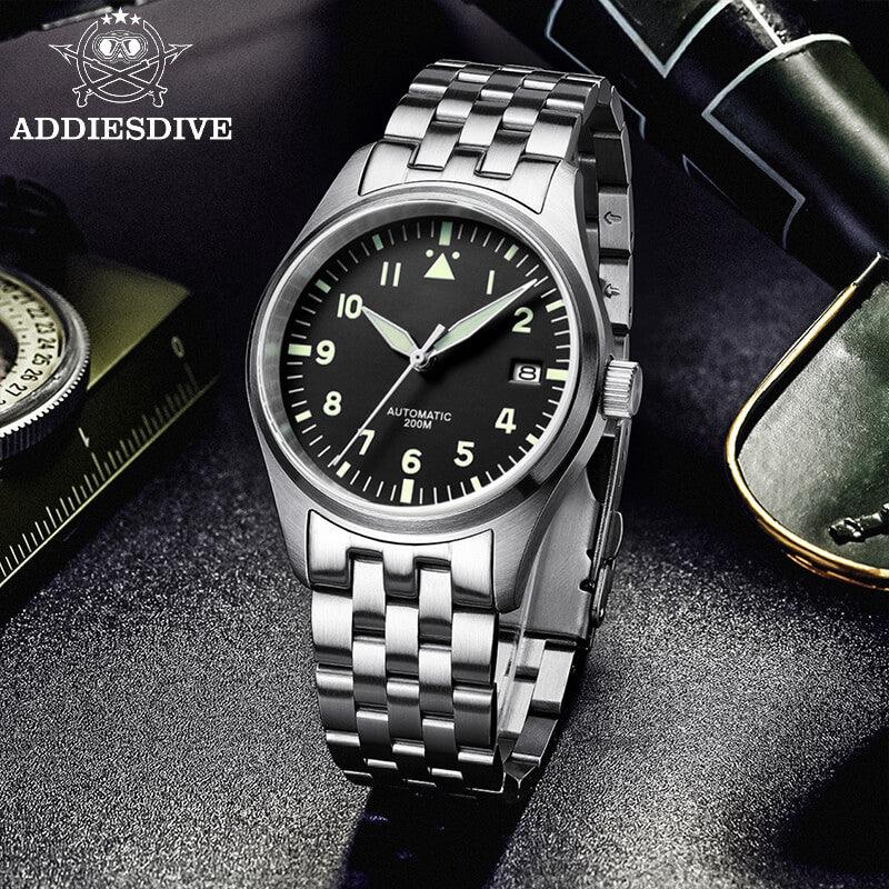 <Versione sterile>ADDIESDIVE®Pilot Black Dail Elegante Orologio Automatico Uomo Diver 200M H2