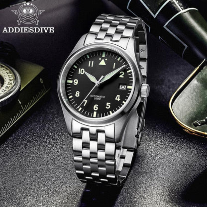 <Versione sterile>ADDIESDIVE®Pilot Black Dail Elegante Orologio Automatico Uomo Diver 200M H2