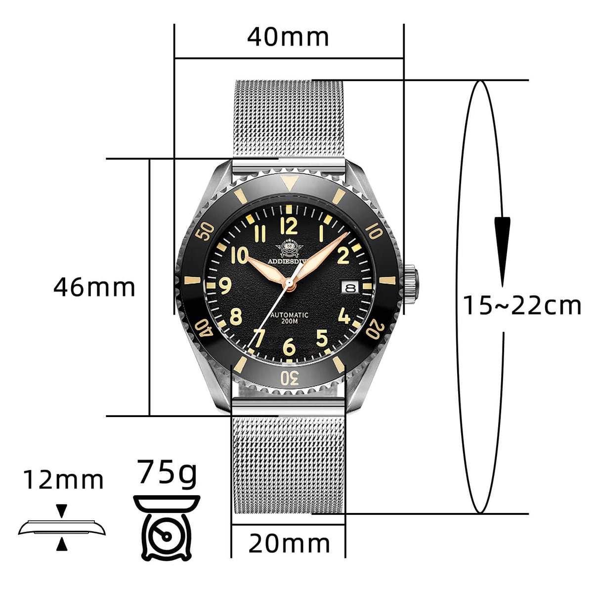 ADDIESDIVE Orologio Automatico da uomo con cinturino in maglia di acciaio inossidabile Diver 200M H9