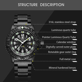 Quartz Sports Watch Men 24 Hours Luminous Black Stainless Steel