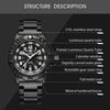 Quartz Sports Watch Men 24 Hours Luminous Black Stainless Steel